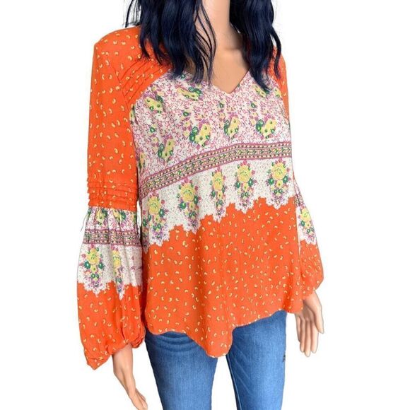 Anthropologie Maeve Ceresco Floral Boho Orange Peasant Top Size Small - Picture 3 of 8